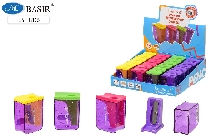 Точилка: одинарная с контейнером, пластиковая; тонированный фиолетовый корпус с блёстками, цветная к