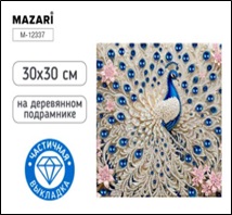 Алмазная мозаика ПАВЛИН, деревянный подрамник, холст 30X30 см, частичная выкладка, термоусадочная пл