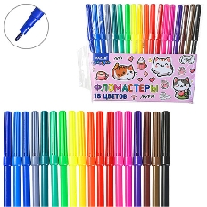 Фломастеры КОТИКИ, 18 цв, вентилируемый колпачок, корпус круглый, ПВХ- упаковка с европодвесом